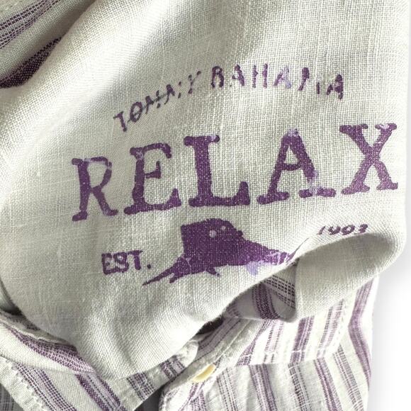 Tommy Bahama Relax 100% Linen Purple Striped Casual Button Down Shirt Men's XLT - Picture 8 of 9
